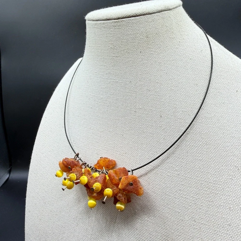 Amber Chip Bead Cluster Necklace Bohemian Statement Artisan Festival Gift